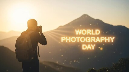 silhouette of a photographer with a backpack capturing a stunning sunrise over the mountains, enhanced with a glowing lens effect and dreamy light particles