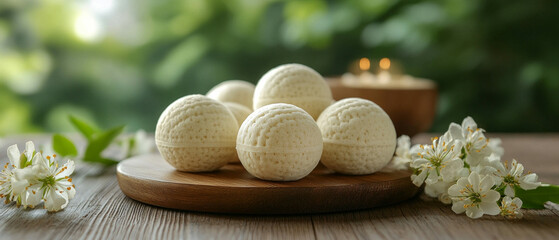 Bath bombs on a wooden plate with flowers. Perfect for wellness and self-care articles, spa promotions, and beauty product advertisements.