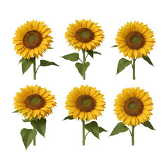 Six vibrant yellow sunflowers with green leaves are arranged in two rows against a clean white background. Generative AI.