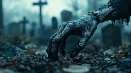 A zombie arm coming out of the ground in a graveyard. Useful for creating a horror atmosphere in movies, games and themed events.