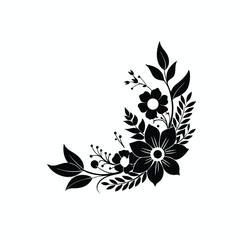 silhouette vector art of black floral corner design with leaves and flower accents on white background in Adobe Illustrator Artwork