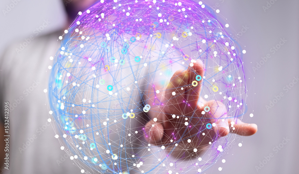 Poster Hand interacting with a digital network sphere.  Represents global connectivity, technology, and data.