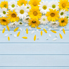 A cheerful border of yellow and white daisies with scattered petals adorns the top of a light blue wooden background. Generative AI.
