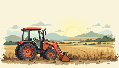 Obraz premium Tractor in Field with Mountains and Sun