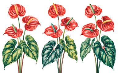 A detailed botanical illustration of three groups of red anthurium flowers against a white background. Each group contains 3-4 heart-shaped red anthurium flowers with prominent yellow stamens.  .