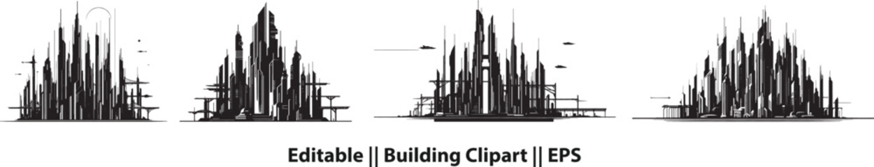 Black Silhouette of Sci-Fi City – Skyline with Antennas & Skybridges on White Background
