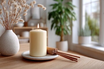 Calm workspace with a lit candle, incense sticks, and a vase of dried flowers in a cozy corner
