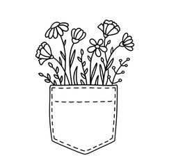 Flowers in pocket, hand drawn floral pattern with daisy, chamomile, wildflowers