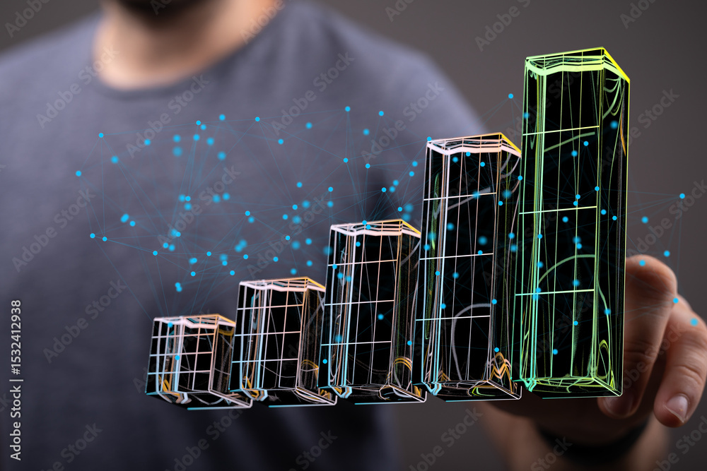 Aufkleber Stock photo of a person interacting with a 3D bar graph showcasing upward business growth and data analysis.