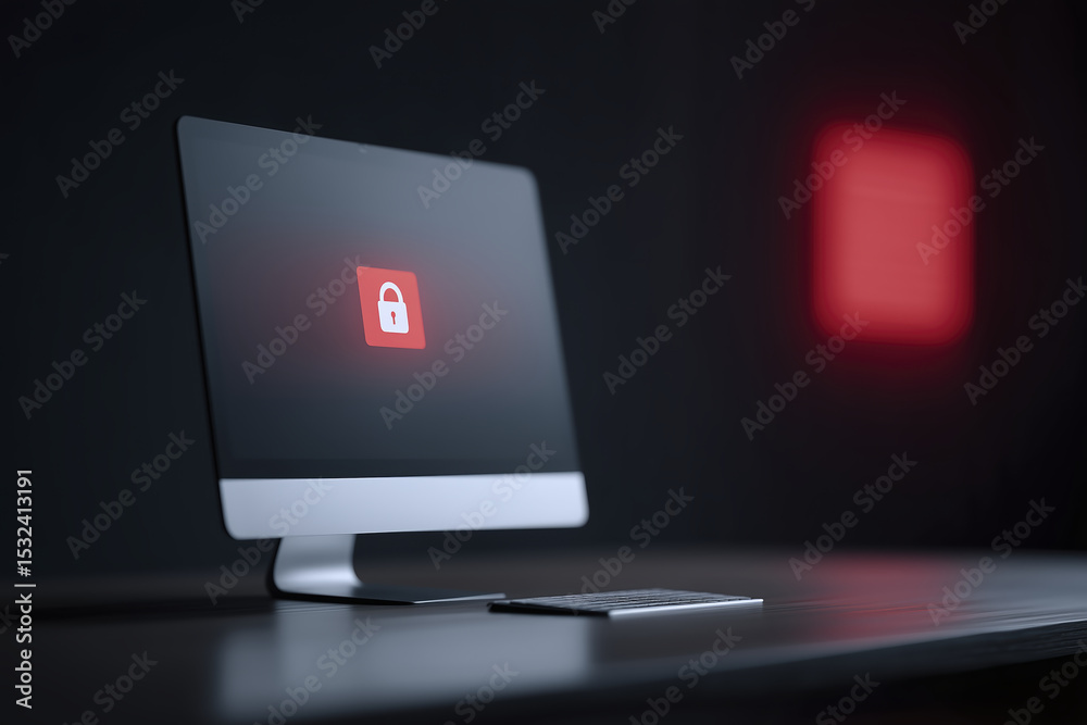 Fototapete Modern desktop computer with a locked screen icon displayed, illuminated by a soft red glow, showcasing cybersecurity and digital protection concepts in a sleek workspace environment