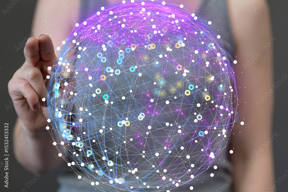 Poster stock photo of a woman interacting with a digital globe representing global network connections.