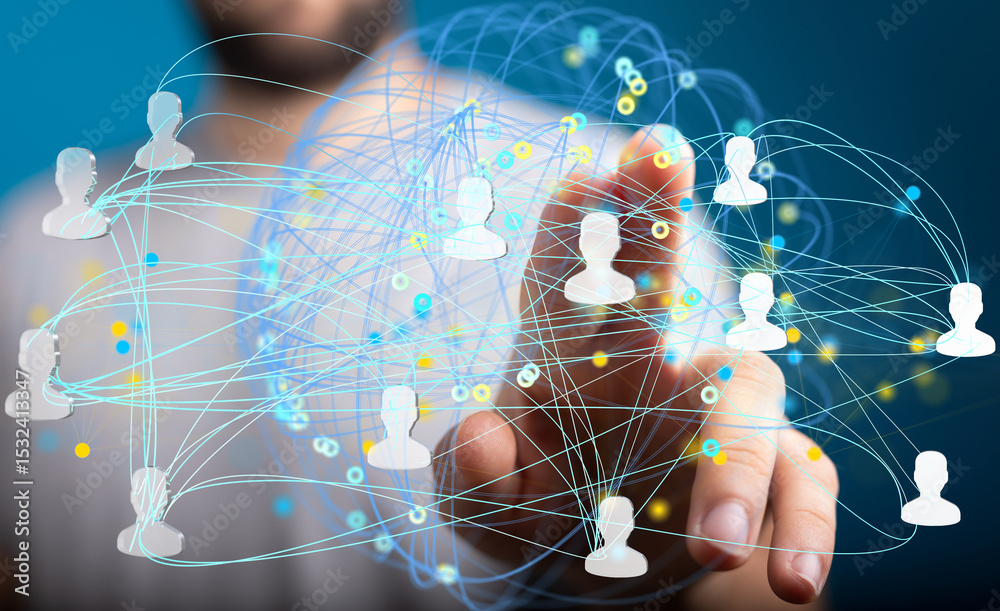 Poster image of a hand interacting with a digital network of interconnected people, symbolizing global comm