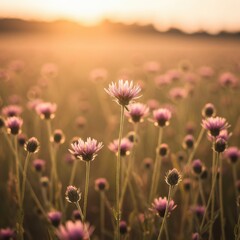 Obraz premium Golden Hour Meadow: Serene Sunset Landscape with Delicate Wildflowers
