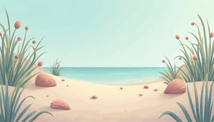 Fototapeta premium Beach with Shells and Grass Illustration