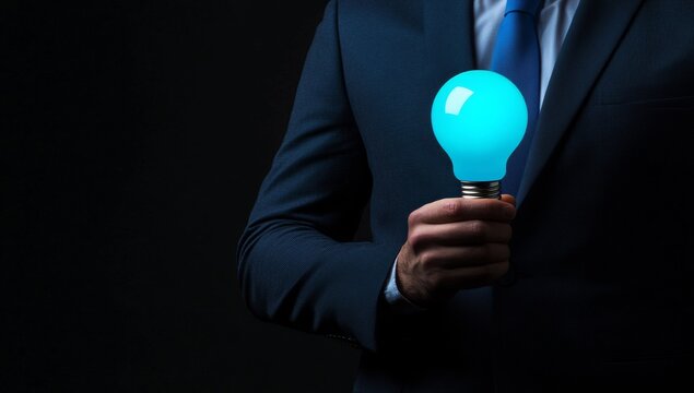A forward-thinking businessman possesses a groundbreaking light bulb, signifying a sophisticated blend of interconnected industries, analytical problem-solving, and marketing strategies for