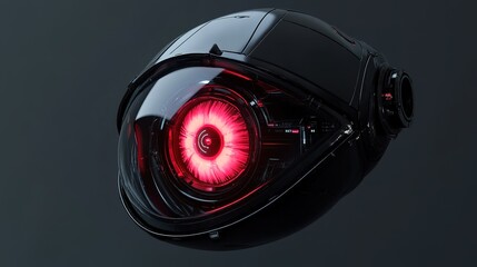 A futuristic black robotic eye with a glowing red iris, showcasing advanced technology and sleek design against a dark background.