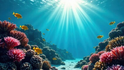 Naklejka premium Sunlit underwater scene, colorful fish swim amongst coral , nature, colorful
