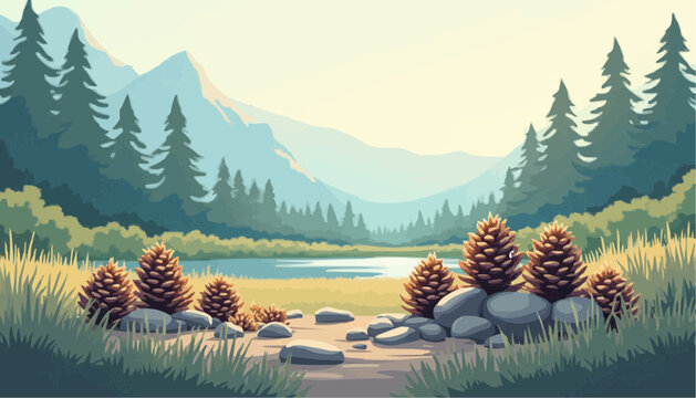 Pine Cone Landscape With Lake and Mountains