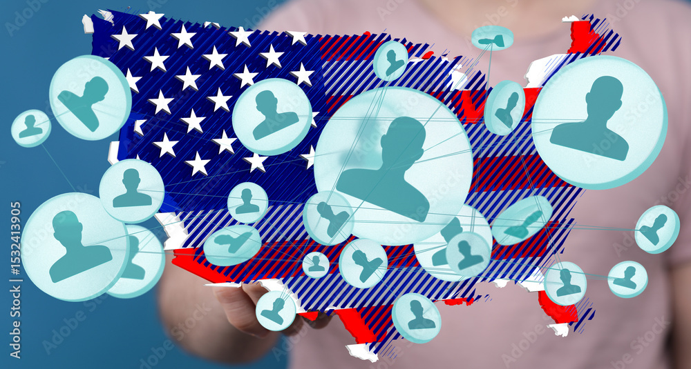 Poster visual representation of social connections within the united states. network map overlaid on us fla
