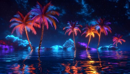 Neon palm trees on a night island.
