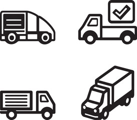 Delivery Truck Icon Set, Black and White Vector Illustration.