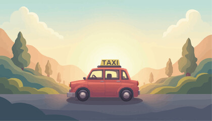 Fototapeta premium Red Taxi Car in Landscape Illustration