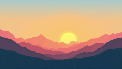 Obraz premium Mountain Sunset Illustration Landscape