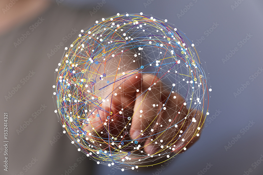 Aufkleber Abstract image of a hand interacting with a digital sphere representing global network connections and data flow.