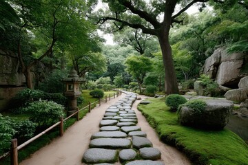Serene stone pathway meandering through lush greenery in a tranquil Japanese garden during daylight