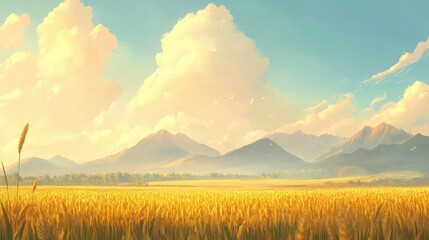 Obraz premium Serene Landscape with Wheat Field and Majestic Mountains Under a Bright Sky with Soft Clouds