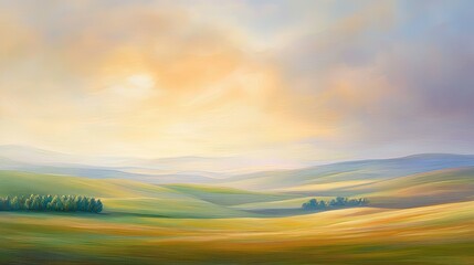 Serene Landscape with Soft Pastel Colors and Gentle Rolling Hills Under a Tranquil Sky at Sunrise or Sunset