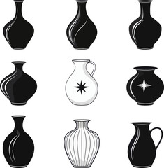 Vase Vector Set, Various Shapes, Isolated on White Background.