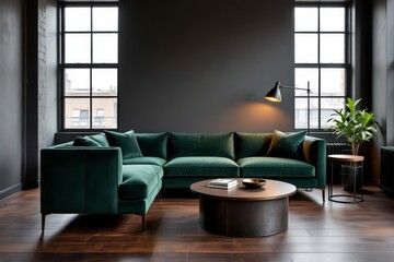 Obraz premium Modern minimalist living room design with dark grey walls, large windows, dark green sectional sofa, round wooden coffee table. Concept of masculine living room design, interior textures, lighting.
