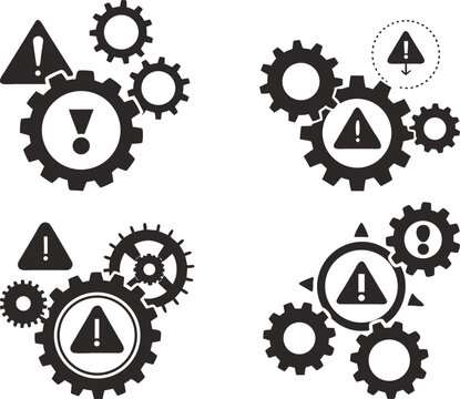 System failure warning alert gears malfunction trouble problem error risk danger caution attention vector illustration symbol