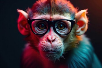 Vibrant monkey portrait, spectacles, colorful fur, jungle, illustration
