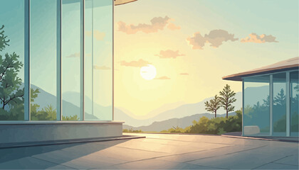 Modern glass building on landscape at sunrise