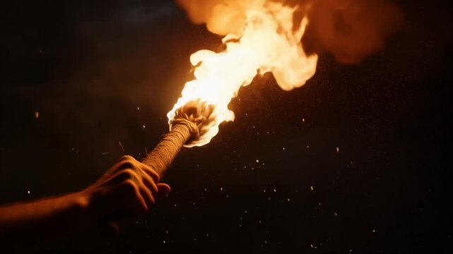 A hand holding a blazing torch against a dark backdrop, symbolizing hope, guidance, and the power of light in the face of darkness.	
