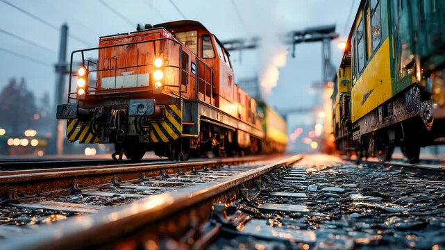 Close-up view of wet railroad tracks at sunset, with plants growing between the rails and trains visible in the blurred background