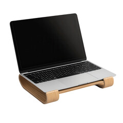 Laptop Stand, Man video conferencing at laptop stand desk in kitchen, isolated on transparent background