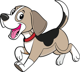 A happy cartoon-style Beagle dog running playfully with its tongue out and ears flapping