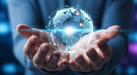 Human hands holding a glowing digital globe, symbolizing global connectivity, advanced technology, and the future of interconnected communication networks worldwide.