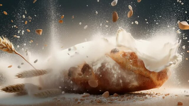 A rustic loaf undergoes a dramatic transformation, enveloped in a powerful splash of cream and the essence of wheat against a dark backdrop