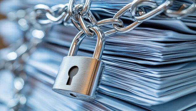 Metal chain padlocking confidential documents, representing stringent data protection and secure information storage