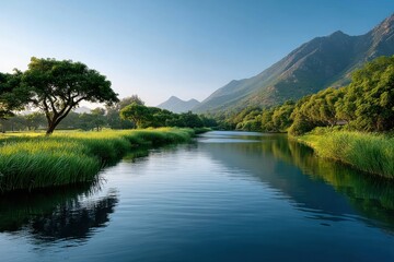 Serene river reflections surrounded by greenery and mountains at dawn in a tranquil landscape