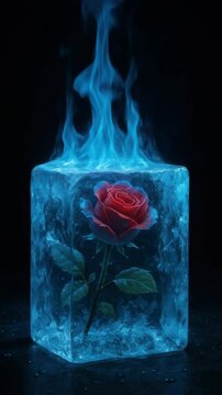 Striking surreal image of a red rose trapped in a glowing ice cube with blue flames dancing on top, representing a dramatic juxtaposition of fire and ice, passion and stillness.