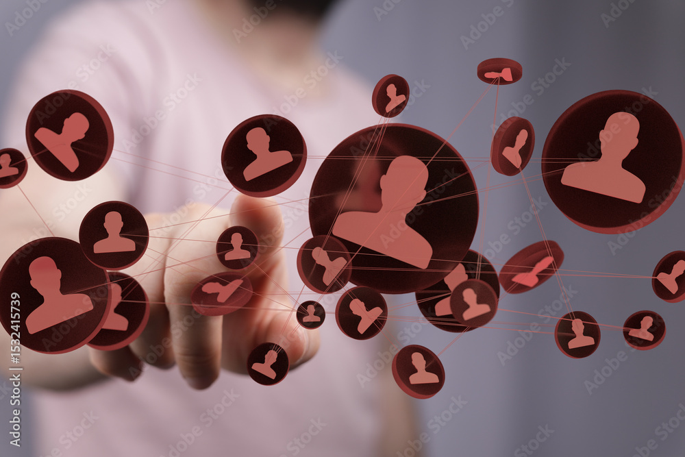 Poster image depicts a person interacting with a network of online connections, symbolizing social media, c