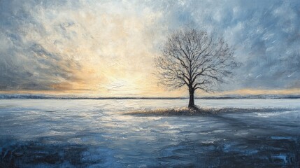 Serene Winter Landscape with Solitary Tree Under Beautiful Sunrise Sky, Calm Waters Reflecting Soft Pastel Colors, Peaceful Nature Scene