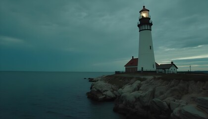 Obraz premium Beautiful lighthouse standing tall on rocky coast during twilight with ocean waves gently crashing in the foreground Generative AI