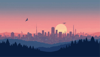 Fototapeta premium City skyline at sunset with forest in foreground
