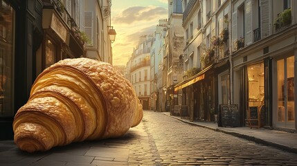 A giant croissant lies on a cobblestone street in a charming European city during sunset, blending food imagery with urban architecture.